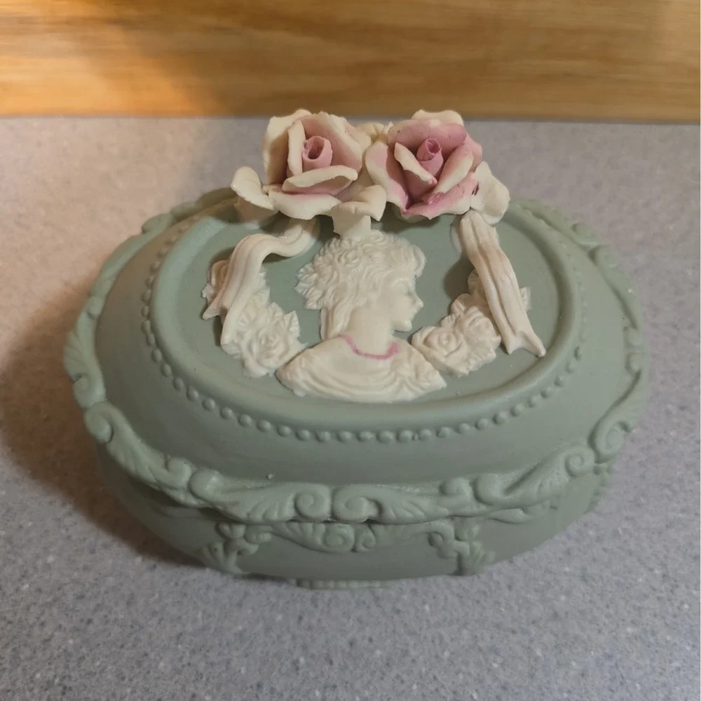 Vintage Victorian Cameo Trinket Box, Sage Green And Ivory Matte, Vanity Decor